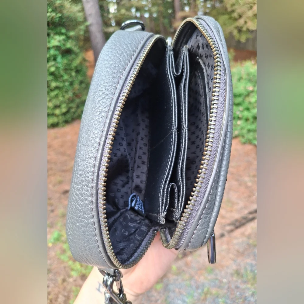 DKNY Charcoal Grey Studded Leather Convertible Crossbody Clutch Wristlet